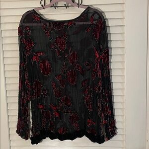 Marks & Spencer Sheer Mesh Black and Red Burnt Velvet Floral Top
